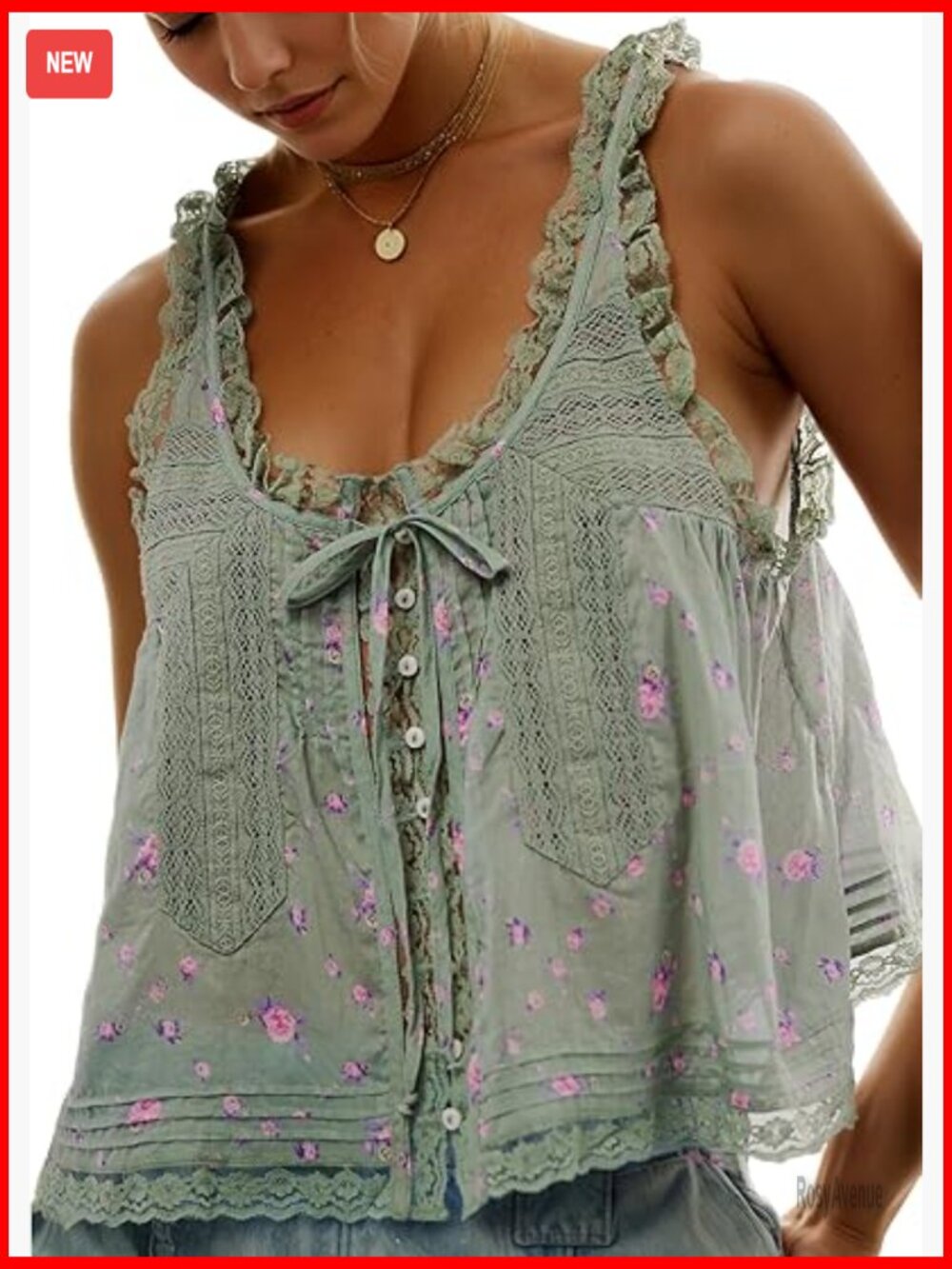 Boho Lace Tie Front Relaxed Fit Tank Flowy Vest Top Blouse